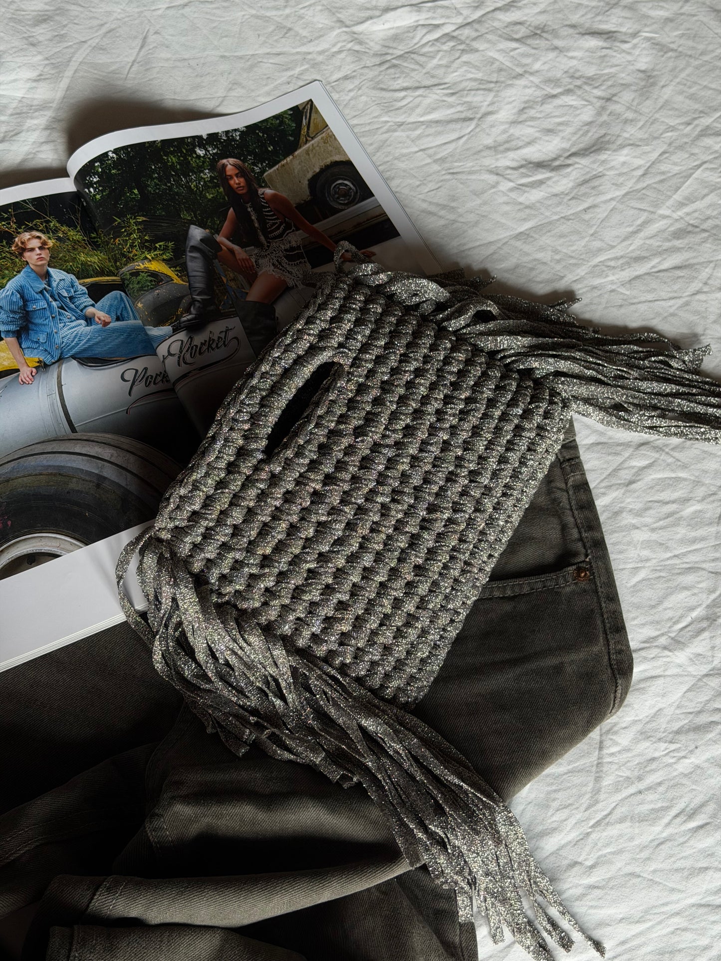 MINOU bag standard// grigia lurex con frange
